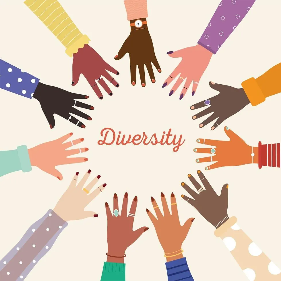 Illustration: Viele Hände in unterschiedlichen Hautfarben bilden einen Kreis um das Wort „Diversity“.